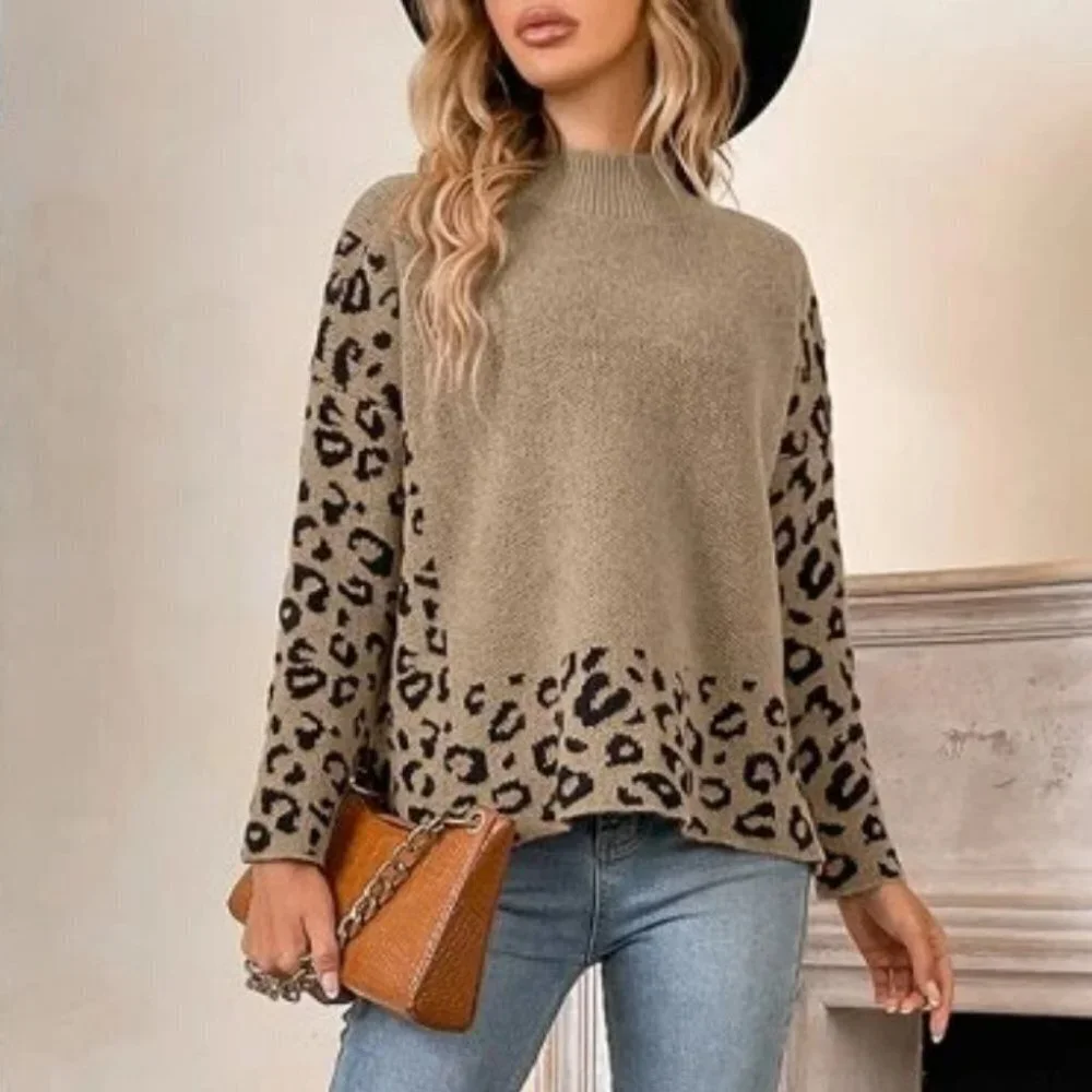Leopard Mock Neck  knit Sweater top fall winter tan black